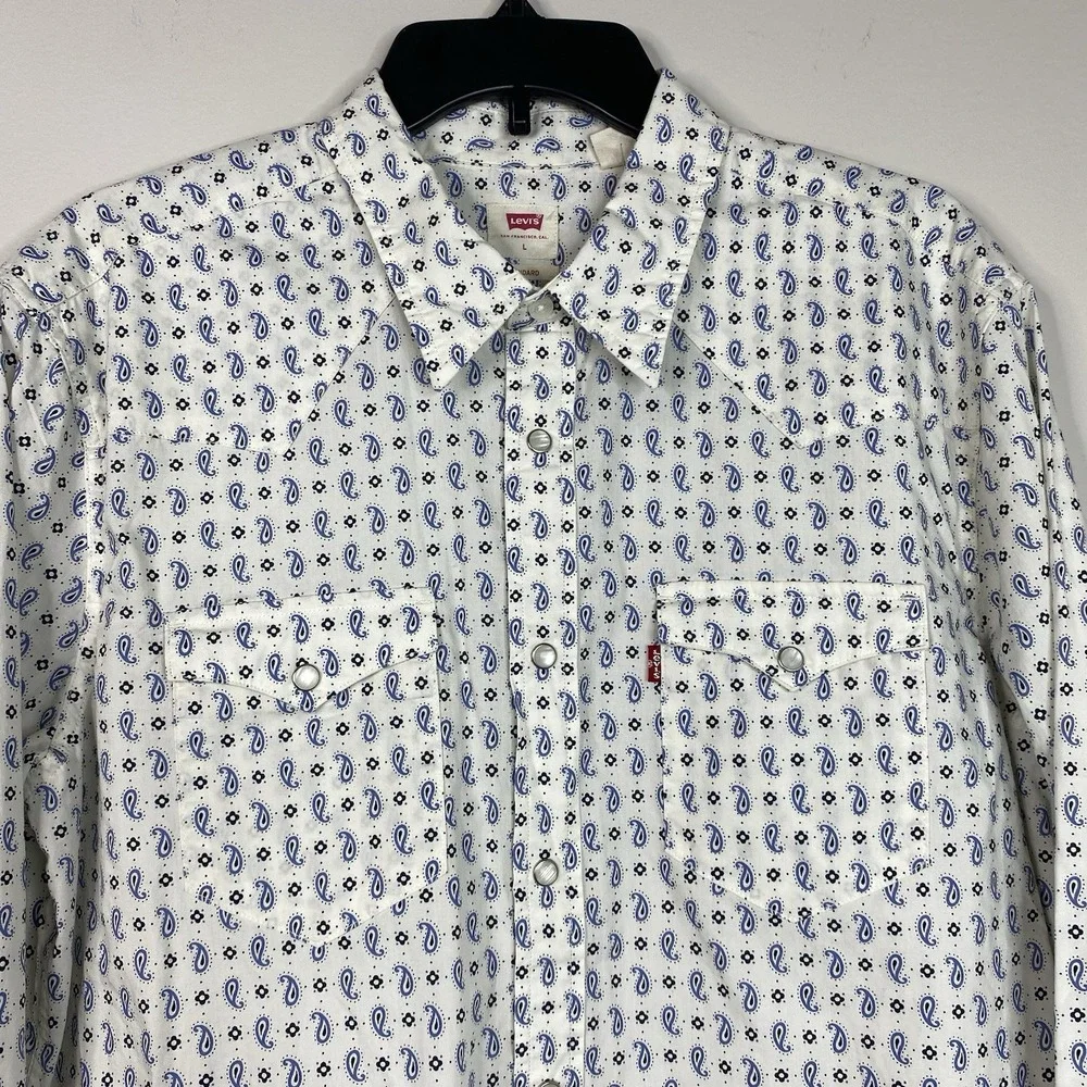 Levi's Men's L Classic Western Standard Fit Shirt‎ Pearl Snap Cream Blue Paisley